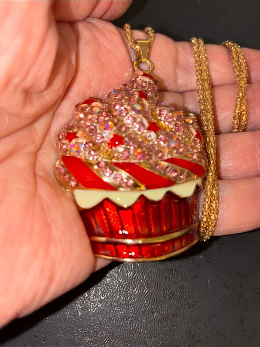 Red Cupcake Pendant Necklace with Pink Crystal Frosting